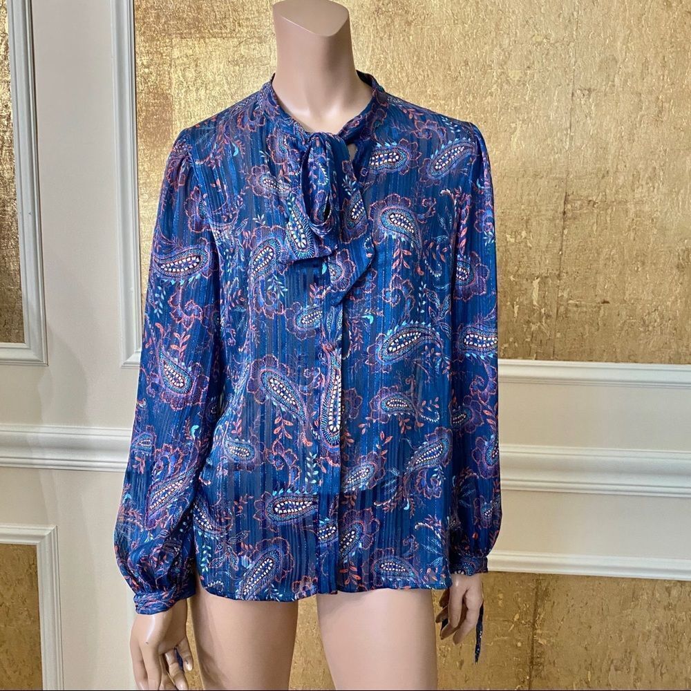 MANGO suit blue print tie front chiffon blouse M